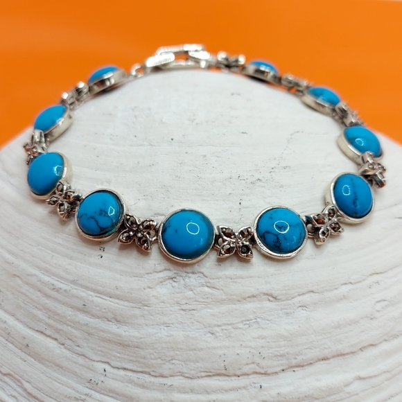 Stabilized‎ Round Turquoise 8mm & Marcasite 925 Sterling Silver Bracelet 7" - Picture 5 of 9